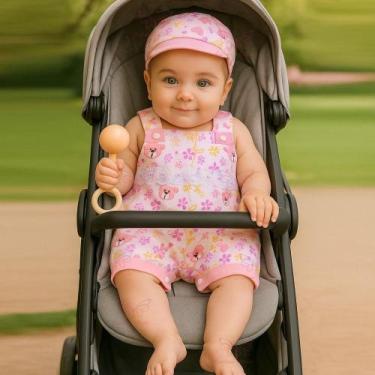 Imagem de Conjunto Macacão + Boné Bebê Menina Jardineira Fofa Estampada Curto Ca