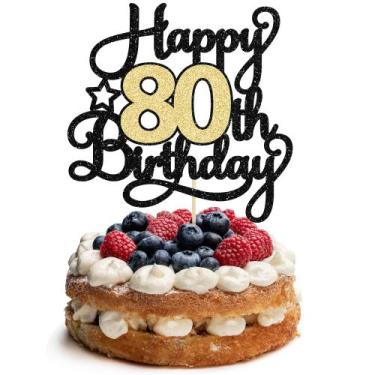Imagem de Topo de bolo Ephlyn Feliz 80º Aniversário Preto e Dourado