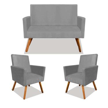 Imagem de Kit 01 Namoradeira e 02 Poltronas Decorativa Nina com Pés Madeira Suede Cinza