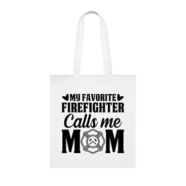 Imagem de Sacola engraçada My Favorite Firefighter Calls Me Mom, para mãe, presente para mãe, bolsa de ombro para mãe, bolsas reutilizáveis para mãe, presente para mamãe de filha favorita, filho e filhos, Branco