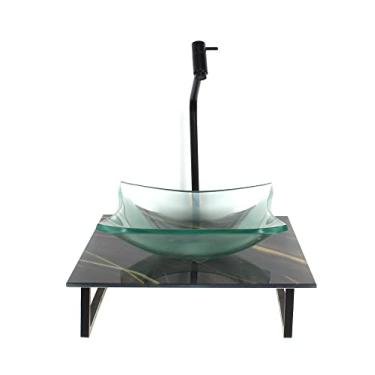 Imagem de KIT CUBA DE VIDRO QUADRADA 10MM INCOLOR COM TAMPO DE VIDRO 40CM X 40CM MÁRMORE PRETO DOURADO E SUPORTE PRETO