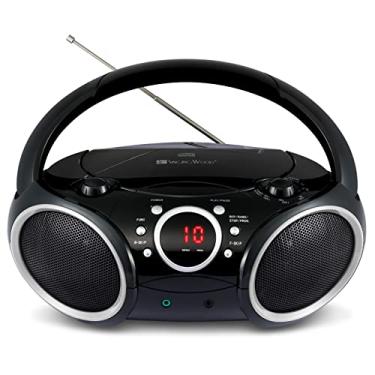 Imagem de SINGING WOOD Leitor de CD portátil 030C Boombox AM FM Rádio de afinação analógico, entrada de linha auxiliar, conector de fone de ouvido, alça de transporte dobrável (preto com um toque de aro cinza)