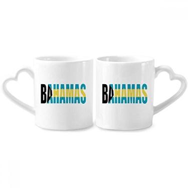 Imagem de Conjunto de canecas de porcelana para casais com nome e bandeira do país das Bahamas com alça de coração