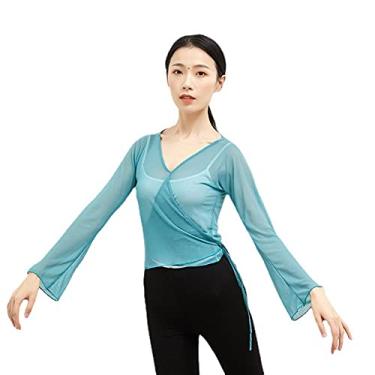 Imagem de HanHouse Roupas de treino de dança Jaqueta de gaze clássica chinesa esportiva yoga lazer dança para mulheres (azul, GG)