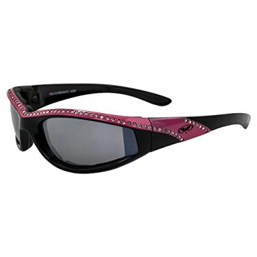 Imagem de Global Vision Marilyn 11 Óculos de sol acolchoados para motocicleta, armação decorada com strass preto e rosa com lentes espelhadas, lentes de policarbonato inquebráveis, proteção UV400, resistente a arranhões