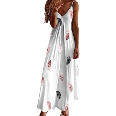 Imagem de Vestidos de verão 2023 feminino verão casual sexy sem mangas decote em V vestido longo estampa floral boho vestido de praia, Branco, G