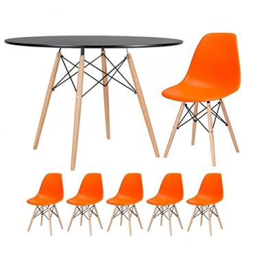 Imagem de Loft7, Kit - Mesa redonda Eames 120 cm preto + 5 cadeiras Eiffel Dsw Laranja
