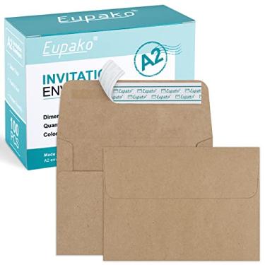 Imagem de Eupako Envelopes de papel marrom A2, pacote com 100 envelopes de convite de 11 x 14,6 cm, autoselo para RSVP, casamento, notas de agradecimento, cartões, fotos, anúncios