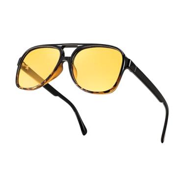 Imagem de FEISEDY Óculos de sol aviador de plástico retrô vintage anos 70 para mulheres e homens, armação quadrada grande clássica B2751, Leopardo preto polarizado - Lente amarela, 60MM