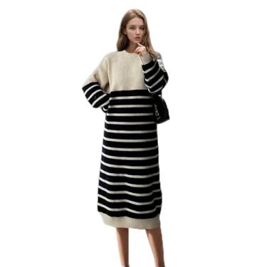 Imagem de Vestido suéter feminino de outono, gola redonda, manga comprida, pulôver, casual, fofo, solto, vestidos curtos de malha (Color : Off-white, Size : M)