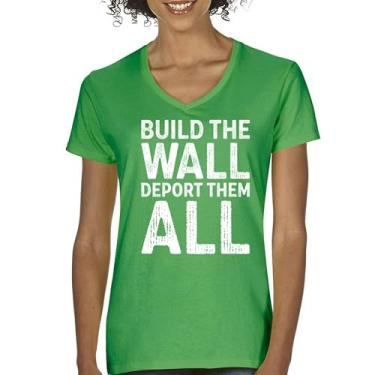 Imagem de Camiseta feminina Build The Wall Deport Them All Trump 2024 gola V Imigração ilegal MAGA America First President 45 47, Verde, XXG