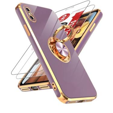 Imagem de LeYi Capa para iPhone X Capa para iPhone XS: com protetor de tela de vidro temperado [pacote com 2] Suporte magnético giratório de 360° com suporte magnético, capa protetora de borda de ouro rosa para