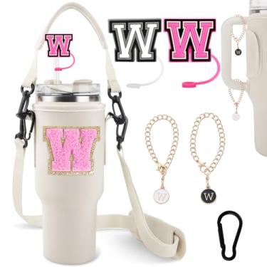 Imagem de Bolsa de transporte de garrafa de água inicial A-Z com alça para copo Stanley de 1,134 g com 2 letras Stanley Straw Topper Covers e pingente de 2 letras, suporte de garrafa de água personalizado para