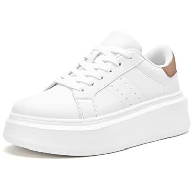 Imagem de Akk Tênis de plataforma branca para mulheres – Tênis de caminhada de couro clássico leve e confortável para uso interno e externo, Branco/dourado, 8.5