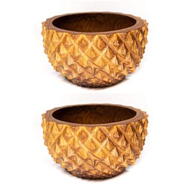 Imagem de Rainforest Bowls Conjunto de 2 tigelas de madeira de teca javanesa de abacaxi de 15 cm - perfeitas para uso diário, amigável ao quente e frio, ultraduráveis - design personalizado de luxo exclusivo