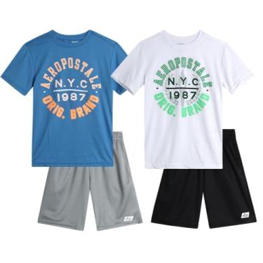 Imagem de AEROPOSTALE Conjunto de shorts esportivos para meninos - camiseta de manga curta e shorts de ginástica de malha - roupa esportiva para meninos (4-12), Azul/branco, 5/6