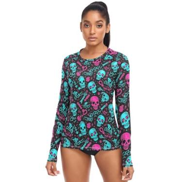 Imagem de Camiseta feminina Rash Guard de manga comprida com FPS 50+ para natação, caminhada, pesca, Caveiras turquesa e rosa, G