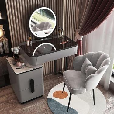 Imagem de Penteadeira de maquiagem com luz de toque ajustável de 3 cores, conjunto de penteadeira grande com mesa de cabeceira móvel e banco acolchoado, penteadeira de maquiagem com mesa de vidro temp