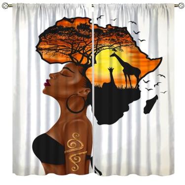 Imagem de Cortinas para quarto de meninas afro-americanas, tribo primitiva africana, negra, pôr do sol, girafa selvagem, animal, janela, estampa para crianças, meninas, mulheres, quarto, sala de estar, banheiro