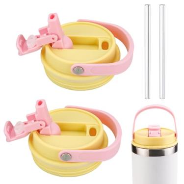 Imagem de ziHenryDa Tampa compatível com copo Stanley IceFlow de aço inoxidável de 590 ml, 850 g, à prova de vazamento, resistente a respingos, tampa de copo reutilizável, com 2 canudos (branco) (2, amarelo)