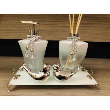 Imagem de Kit Lavabo Prata Branco 5 Peças Difusor Sabonete Bandeja - Ateliê Cria