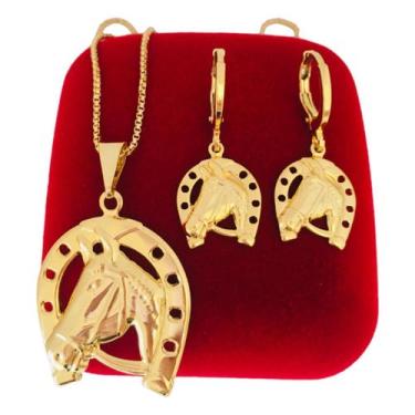 Imagem de Kit Presente Brinco e Ferradura Cavalo Country Folheada a Ouro 18k - D