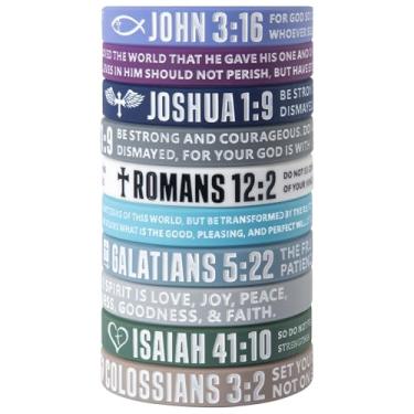 Imagem de 12 pulseiras das escrituras cristãs - pulseiras de silicone com versículo da Bíblia - presentes religiosos para homens e mulheres (cores escuras), 8 inches, Silicone, borracha