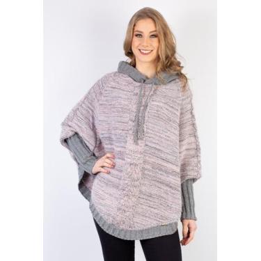 Imagem de Poncho feminino de malha patchwork 60003 - Domizia, Cinza, Rosa