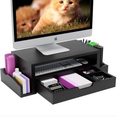 Imagem de Simple Trending Suporte para monitor e organizador de mesa de madeira para computador com gaveta e suporte de caneta para laptop, computador, iMac, preto
