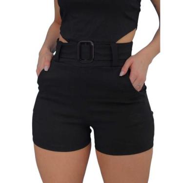 Imagem de Shorts Feminino Curto Bengaline Preto Básico Detalhes Cinto Cintura Te