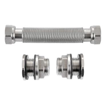 Imagem de RAINPAL Kit de ligação de barril de chuva de aço inoxidável resistente RBLSS5 (dois acessórios de anteparo SS304 e uma mangueira ondulada SS304 de 12,7 cm expansível até 19 cm) (1)