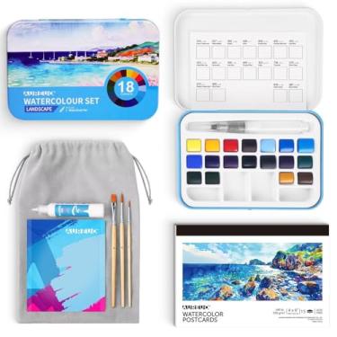 Imagem de AUREUO Travel Watercolor Set - 18 Landscape Color Watercolor Paint Set with Brushes, Watercolor Postcards, Masking Pen, Tote Bag - Water Color Painting Kit for Adults, Beginners, Professional