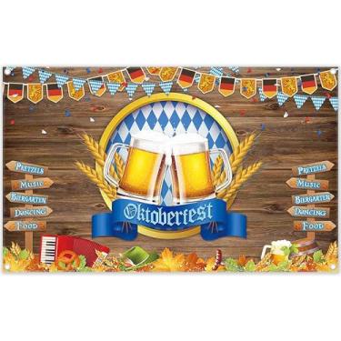 Imagem de ZTHMOE Tecido de 183 x 109 cm Happy Oktoberfest Fundo de Madeira Cerveja Fresca Bandeira Azul Trigo Pretzel Hop Folhas de Outono Artigos de Festa Decorações Adereços de Fotos