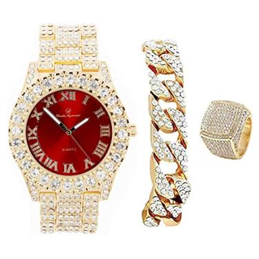 Imagem de Bisel masculino de pedras grandes - mostrador com números romanos totalmente gelados relógio com pulseira e anel de corrente cubana - ST10327SET3PC, Vermelho/Gld, 10, ST10327SET3PC (10, vermelho-dourado)
