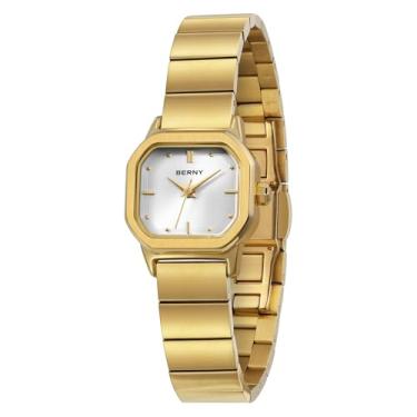 Imagem de BERNY Relógios dourados femininos delicados relógio quadrado de quartzo movimento de quartzo japonês 3 ATM à prova d'água moda pequeno relógio de pulso feminino presente de aniversário de luxo para