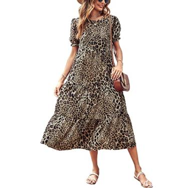 Imagem de PRETTYGARDEN Vestido feminino casual de verão, boêmio, estampa floral, babado, bufante, manga curta, midi rodado, vestidos de festa na praia, Preto/bege, GG