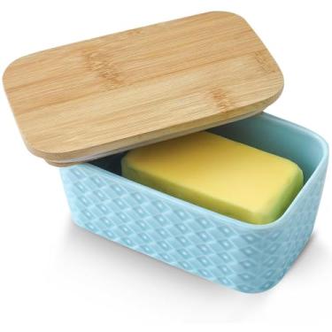 Imagem de Hasense Farmhouse Butter Dish with Lid for Countertop, Butter Keeper & Holder, Butter Container for Fridge with Wooden Freshness Seal, Enhance Kitchen Decor, Holds Two Sticks of Butter, Turquoise