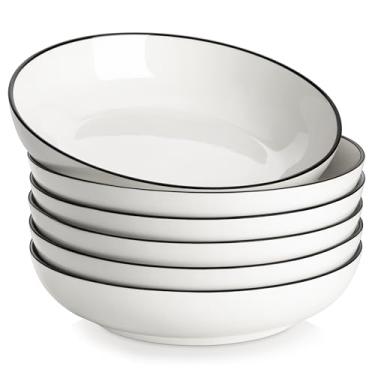 Imagem de MALACASA Tigelas grandes de macarrão de 22,5 cm, tigelas de salada brancas de 1,190 g, tigelas de sopa, tigelas de servir de porcelana, conjunto de 6, branco marfim com borda preta, seguro para