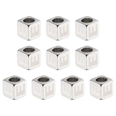 Imagem de HARFINGTON 10 peças de contas de aço inoxidável letras alfabeto letra E cubo prata metálico grande quadrado contas de dados de metal para joias, pulseiras, colares e brincos