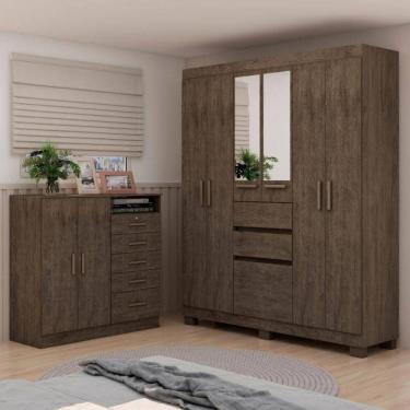 Imagem de Dormitório Casal Completo Roupeiro C/pes E Espelho Cor Rústica Demolição Genial