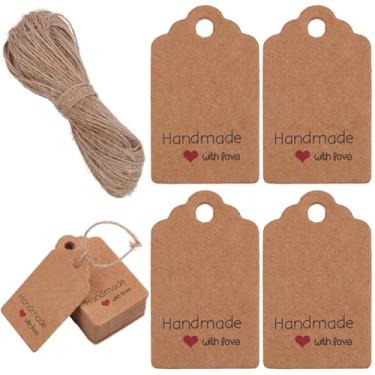 Imagem de SOFPLATE 150 peças feitas à mão com etiquetas de presente de amor, etiquetas de embrulho de papel kraft Burlywood, retangular, coração vermelho, etiquetas penduradas com cordão de juta de 1,8 m para