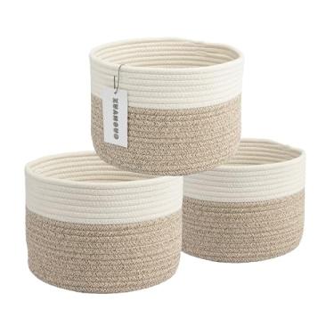 Imagem de XUANGUO Cestas de armazenamento de algodão – pacote com 3 caixas redondas (25 x 25 x 18 cm) para prateleiras, armários e estantes | Organizadores de corda duráveis para berçário, bebê, presentes,