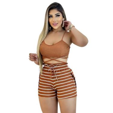 Imagem de Short Feminino Malha Marrom Listrado AJustável com Top - Genérica, Úni