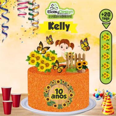 Imagem de Topo de Bolo Girassol + 20 Tags para aniversário - EloisyDesign
