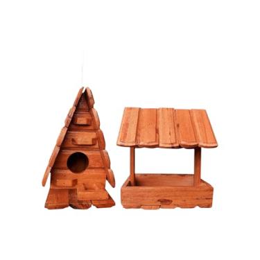 Imagem de Conjunto de Jardim em Madeira, Casa de Pássaro e Comedouro, Estilo Rústico, Tom Natural