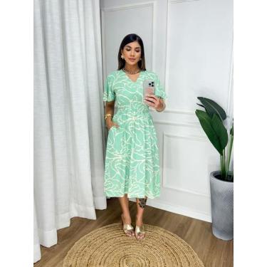 Imagem de Vestido midi com mangas e lastex e decote v e com botoes decorativos -