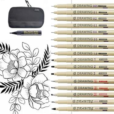 Imagem de Micro-Line 16 canetas com estojo e frasco de tinta recarregável, fineliner, multiliner, tinta de arquivo à prova d'água, diário, ilustração, arquitetura, desenho técnico, delineamento, scrapbook