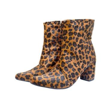 Imagem de Bota Feminina Bico Fino Camurça de Onça com Zíper Cano Curto Salto Gro