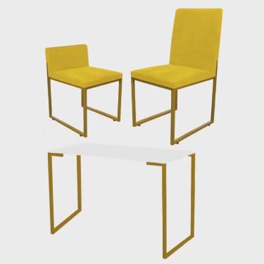 Imagem de Kit Mesa Escrivaninha com Cadeira Stan e Poltrona Lee Tampo Branco Ferro Dourado Corino Amarelo - Ahz Móveis