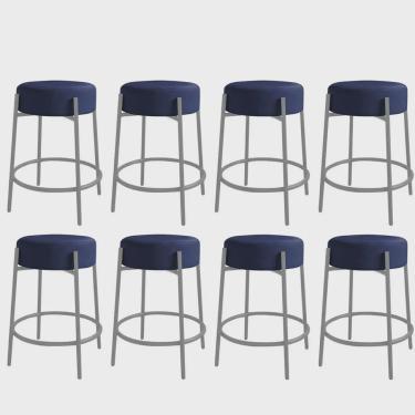 Imagem de Kit 08 Banquetas Alta Sintra 65cm Redonda Ferro Cinza Corino Azul Marinho - Ahazzo Móveis